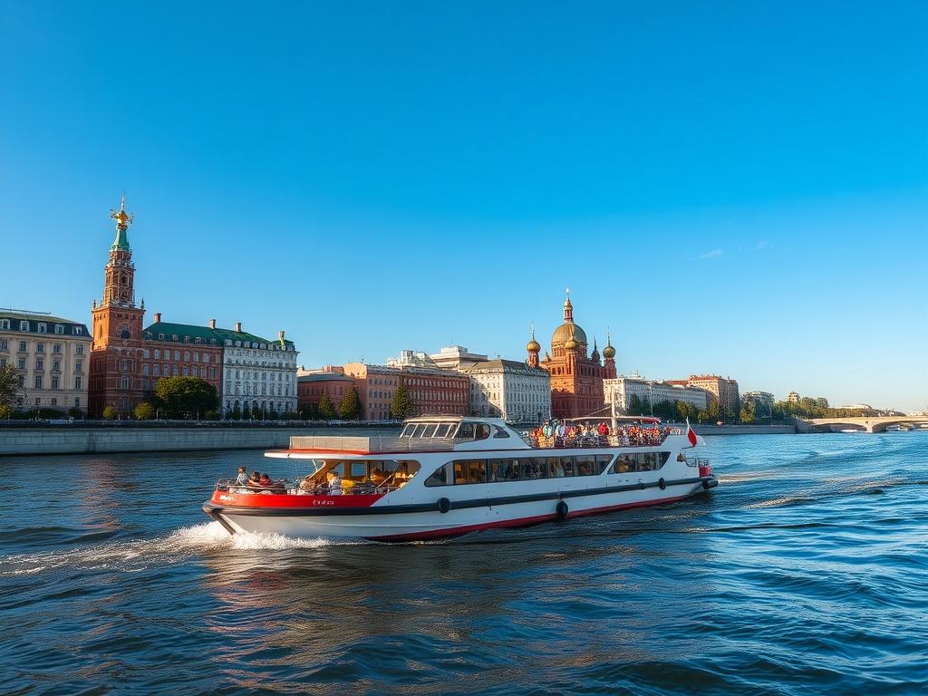 A sightseeing boat on the Moscow River A sightseeing boat on the Moscow Riverфото